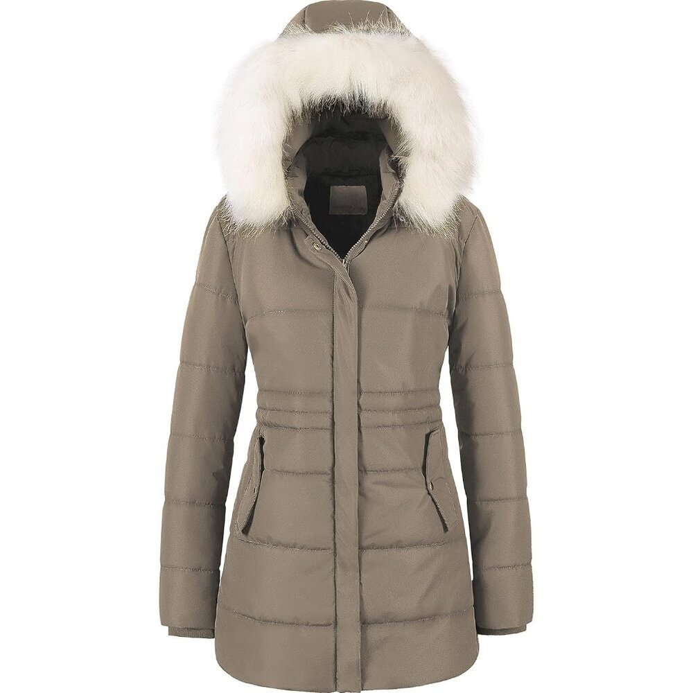 Women's Snow Puffer Jacket Coats Light Khaki Waterproof Removable Faux Trim Hood